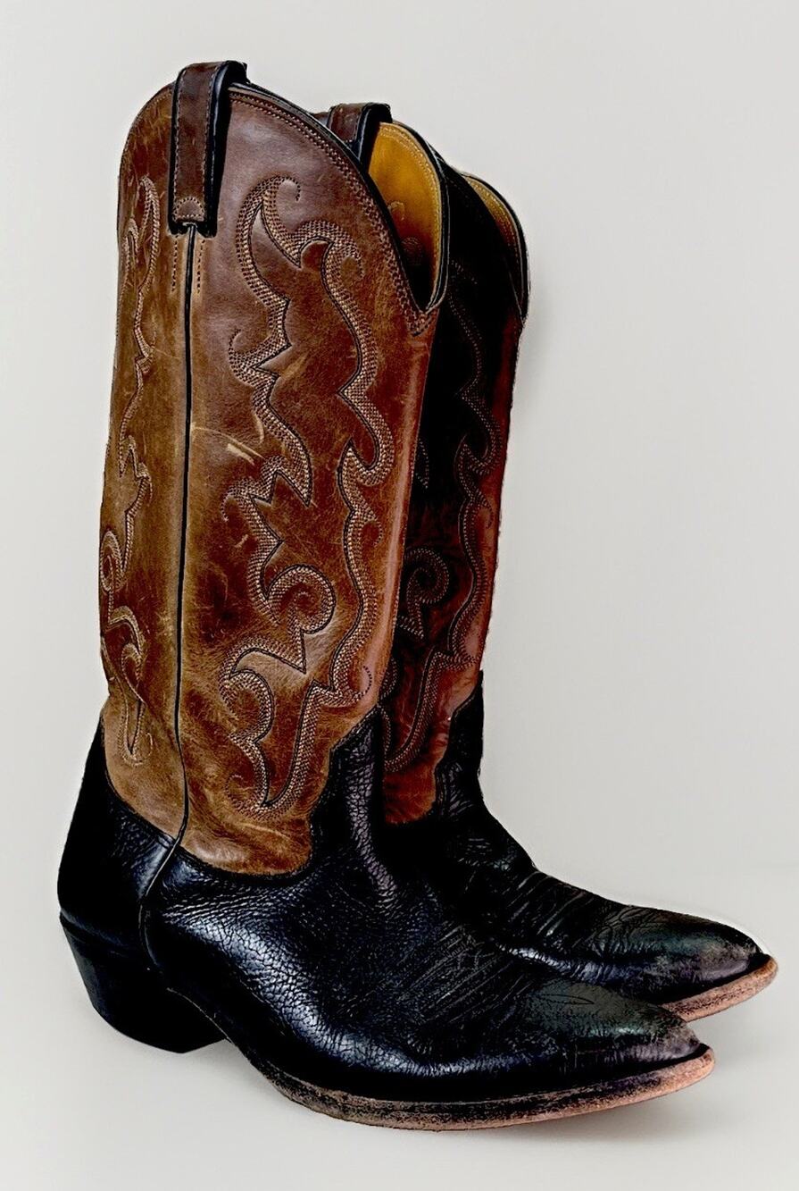 Vintage Nocona Cowboy Boots Men’s 7.5 D USA Brown Black Leather Western Stitch